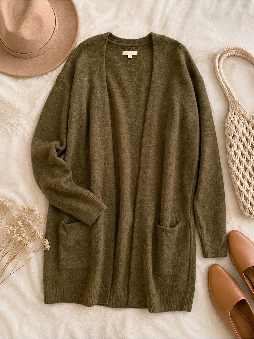 Wilfred Free Aritzia Alpaca Wool Blend Long Open Front Cardigan Olive Green XS
